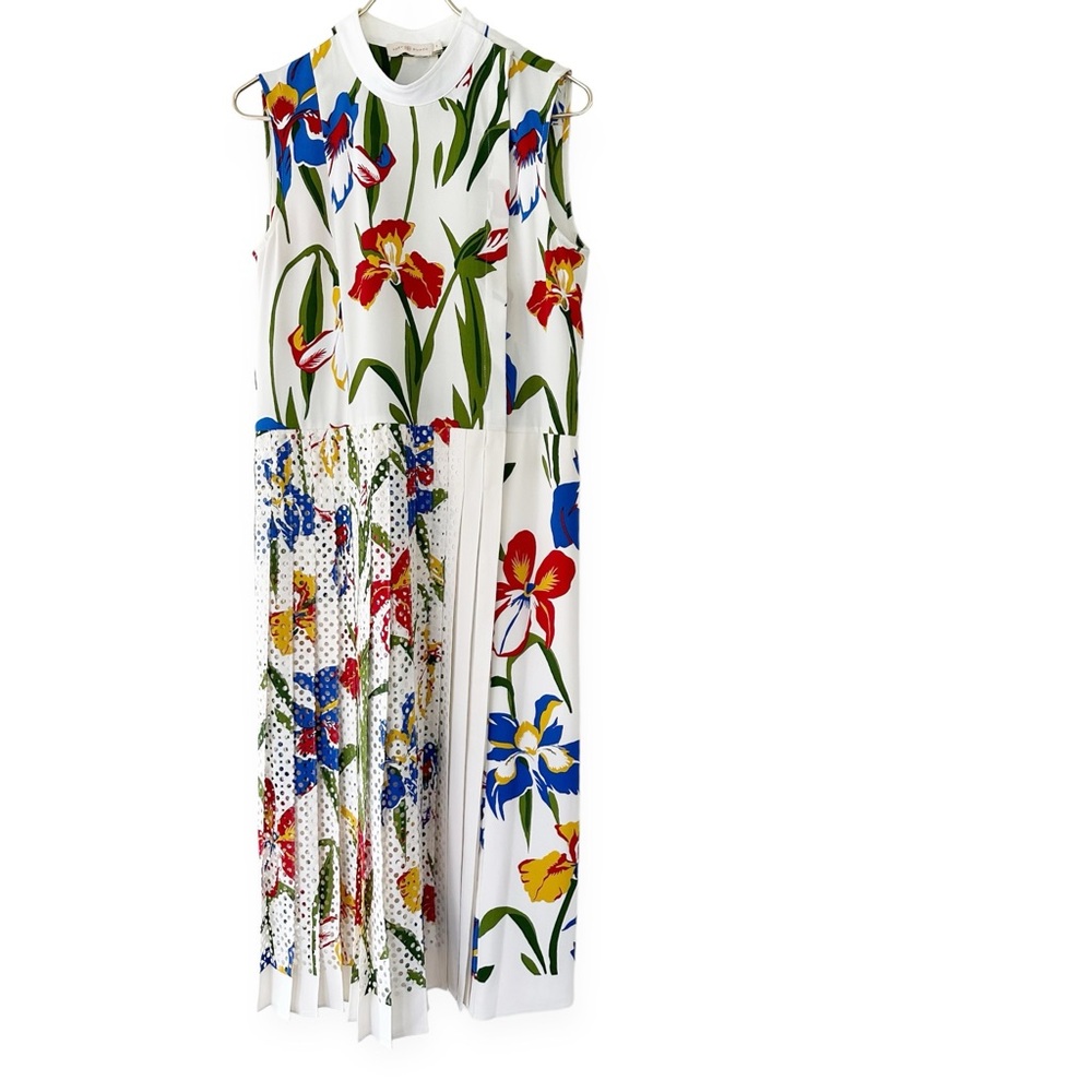 Tory Burch Floral Print Midi Dress - White, Red, Blue, Green